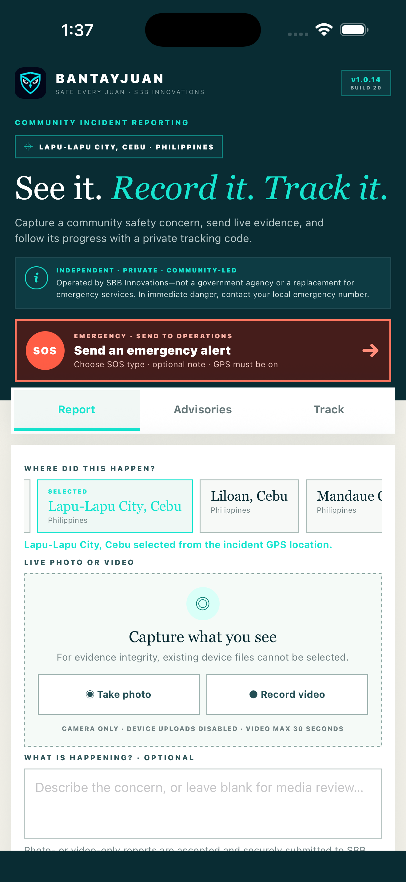 BantayJuan app showing community reporting, SOS, advisories, and live photo or video capture