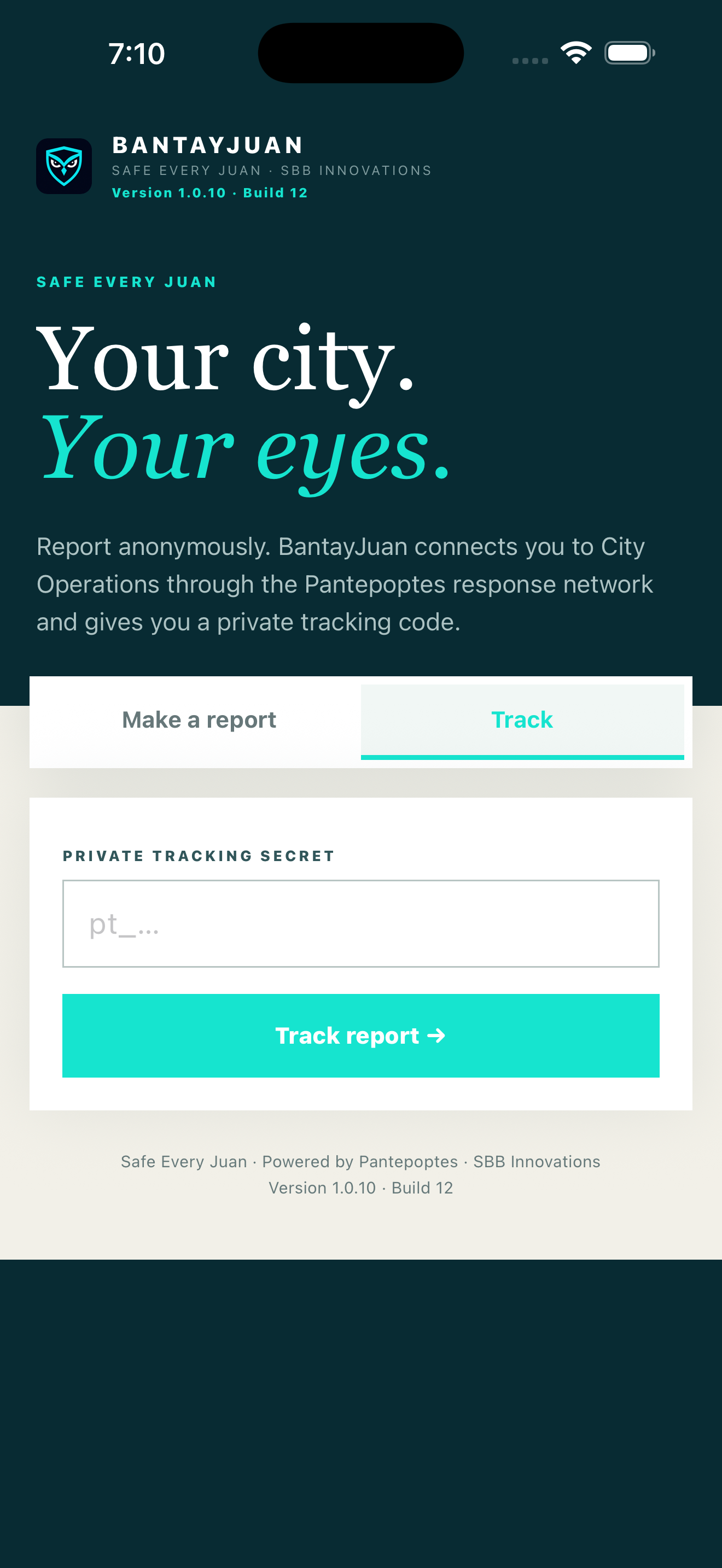 BantayJuan mobile app’s private tracking screen with an empty tracking-code field