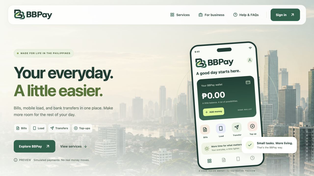 BBPay website preview showing everyday payment services and an illustrative demo wallet