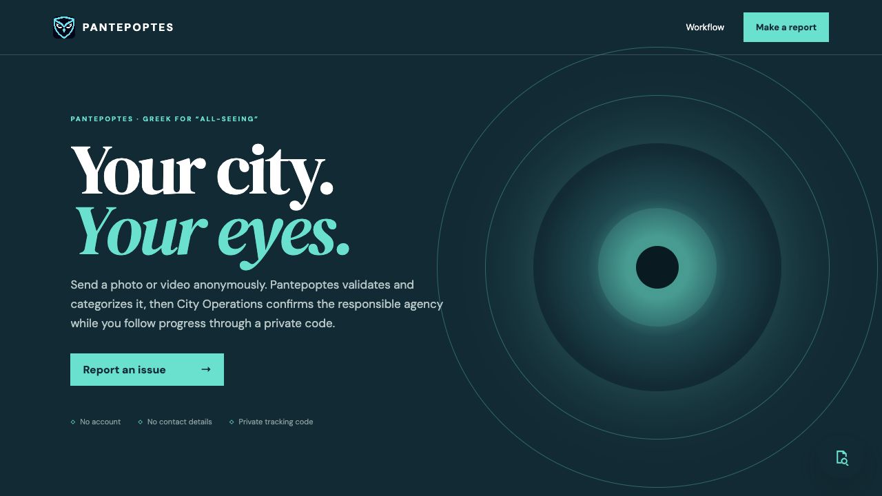 Pantepoptes desktop homepage for anonymous civic issue reporting